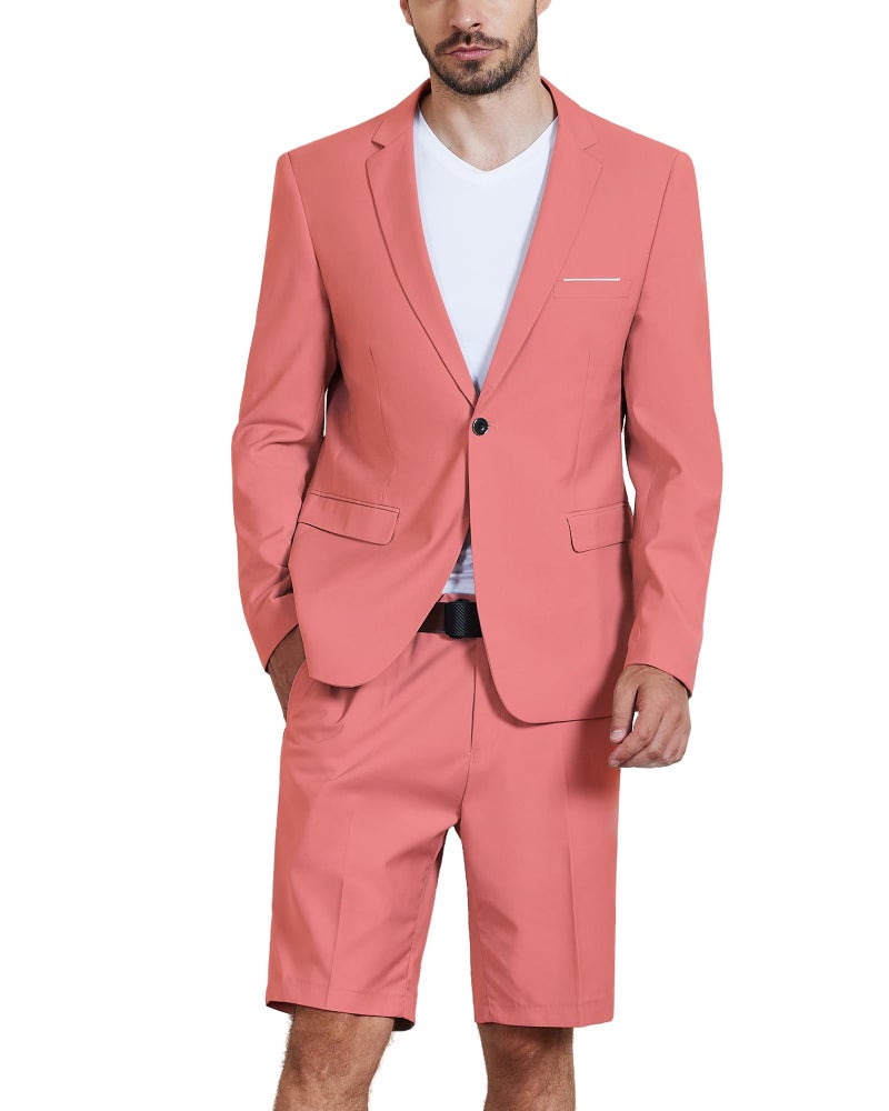 MYS MY'S Men's 2 Piece Slim Fit Suit, One Button Blazer and Short Pants Set with Tie Pink - Image 1